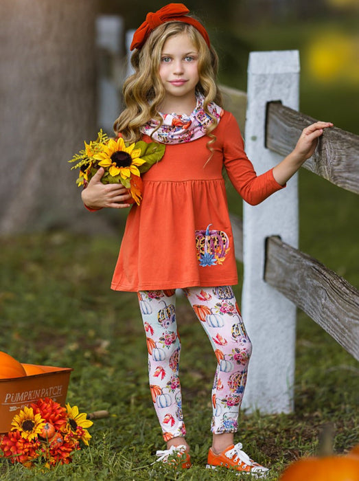 Mia Belle Girls Pumpkin Everything Tunic, Leggings and Scarf Set