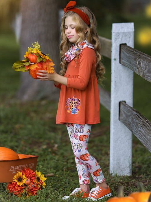 Mia Belle Girls Pumpkin Everything Tunic, Leggings and Scarf Set