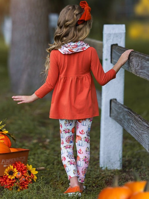 Mia Belle Girls Pumpkin Everything Tunic, Leggings and Scarf Set