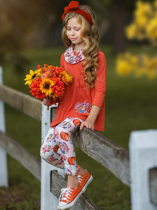 Mia Belle Girls Pumpkin Everything Tunic, Leggings and Scarf Set