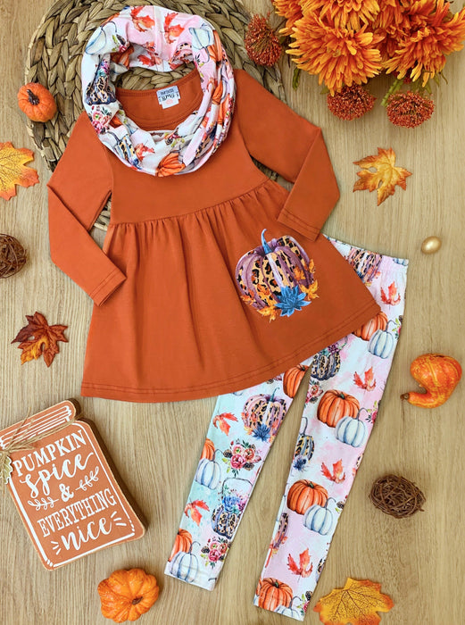 Mia Belle Girls Pumpkin Everything Tunic, Leggings and Scarf Set