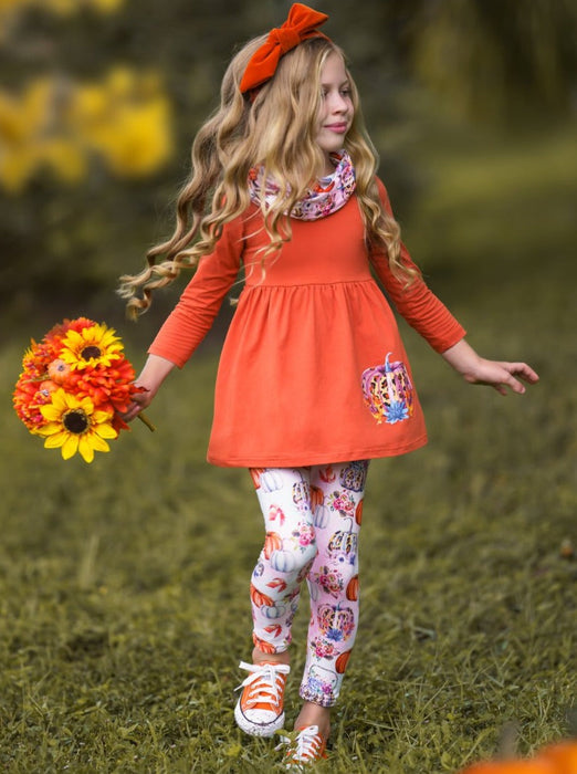 Mia Belle Girls Pumpkin Everything Tunic, Leggings and Scarf Set