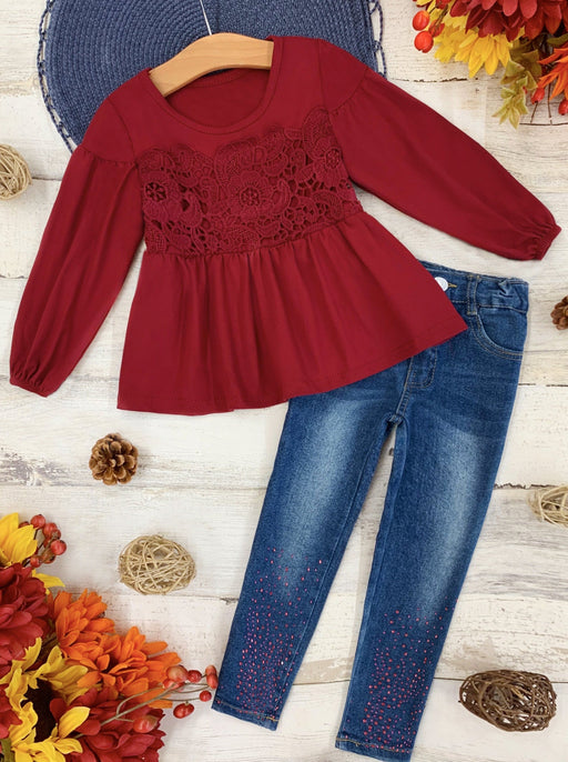 Mia Belle Girls Cranberry Lace Sparkle Jeans Set