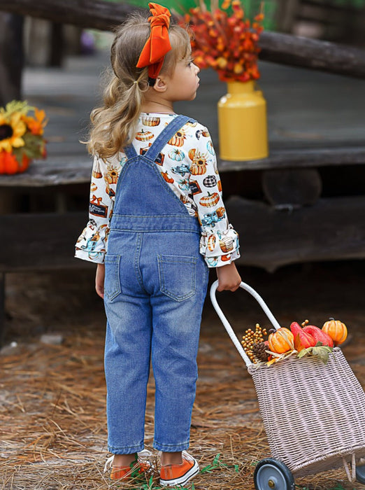 Mia Belle Girls Sweet Pumpkin Sequin Patched Overall Set