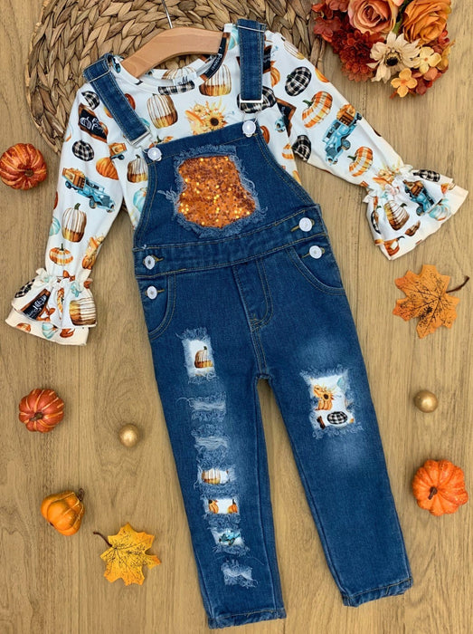 Mia Belle Girls Sweet Pumpkin Sequin Patched Overall Set