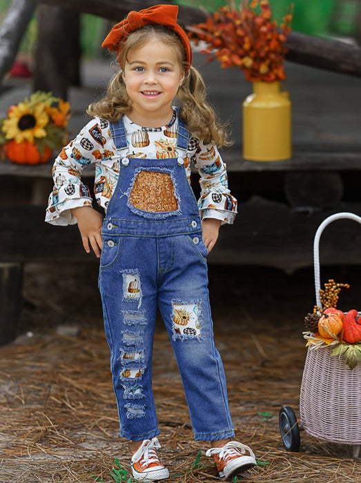 Mia Belle Girls Sweet Pumpkin Sequin Patched Overall Set