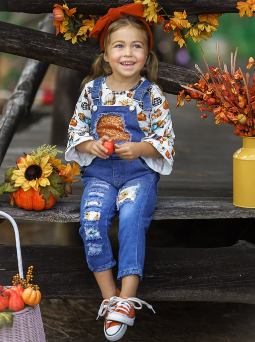 Mia Belle Girls Sweet Pumpkin Sequin Patched Overall Set