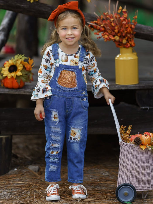 Mia Belle Girls Sweet Pumpkin Sequin Patched Overall Set