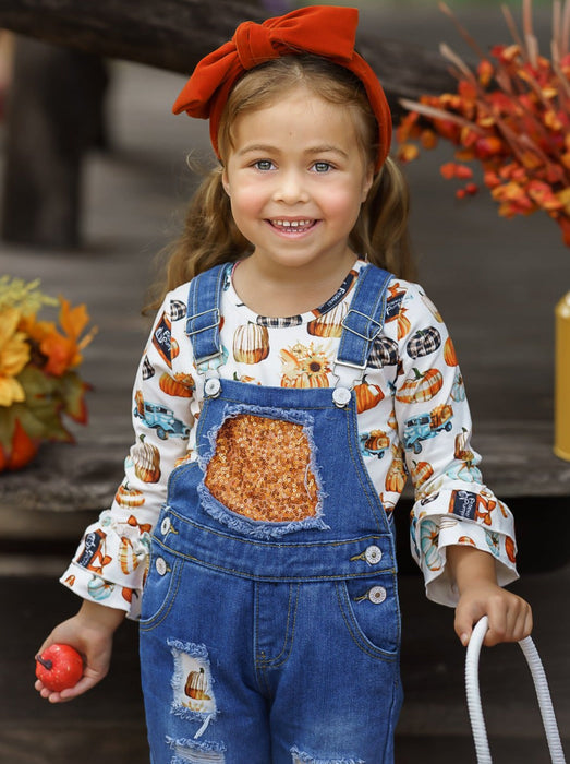 Mia Belle Girls Sweet Pumpkin Sequin Patched Overall Set