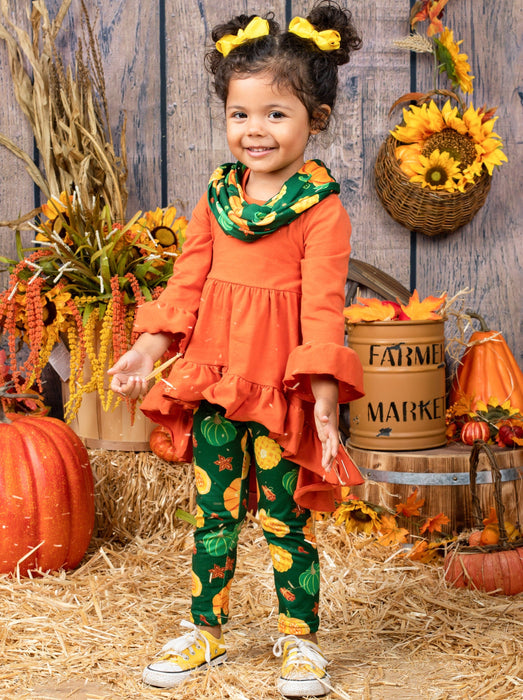 Mia Belle Girls Pumpkin Season Hi-Lo Tunic, Leggings and Scarf Set