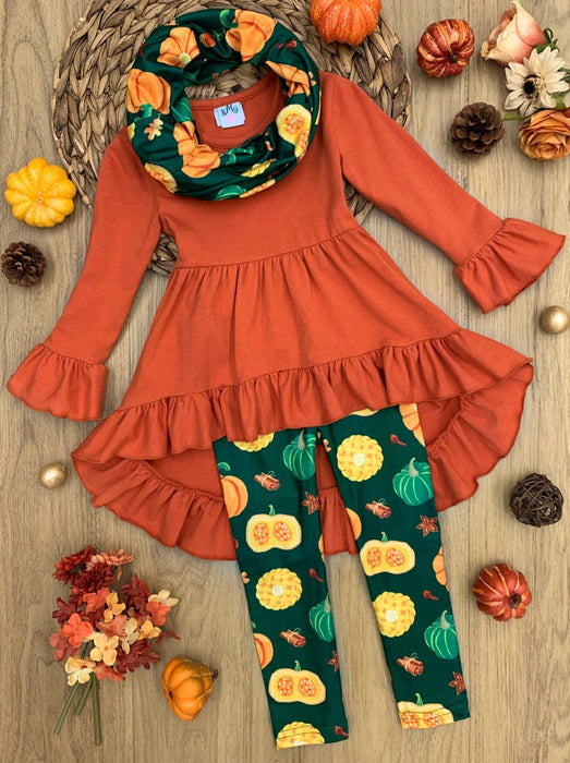 Mia Belle Girls Pumpkin Season Hi-Lo Tunic, Leggings and Scarf Set