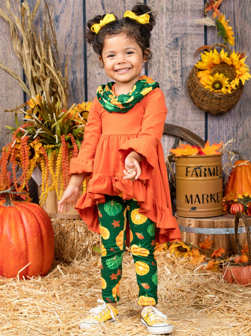 Mia Belle Girls Pumpkin Season Hi-Lo Tunic, Leggings and Scarf Set