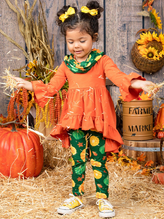 Mia Belle Girls Pumpkin Season Hi-Lo Tunic, Leggings and Scarf Set