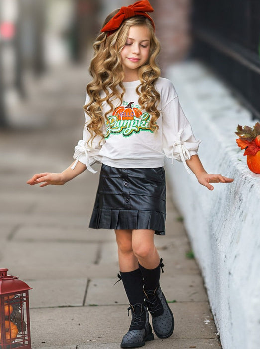 Mia Belle Girls Hello Pumpkin Satin Pleated Skirt Set