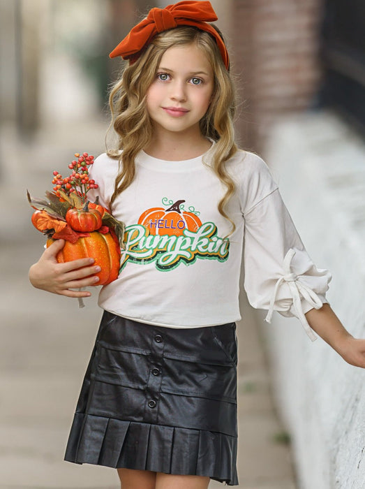 Mia Belle Girls Hello Pumpkin Satin Pleated Skirt Set