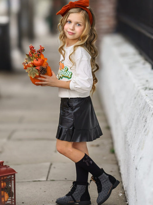 Mia Belle Girls Hello Pumpkin Satin Pleated Skirt Set