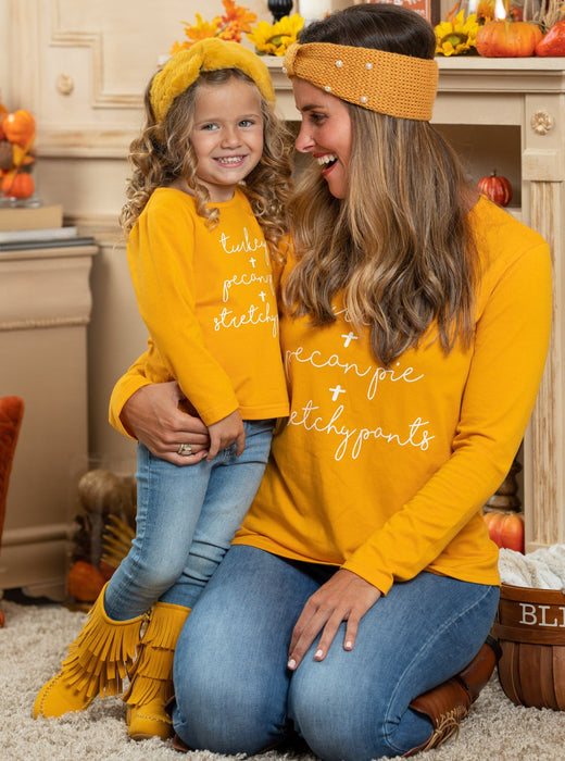 Mia Belle Girls Mommy and Me Turkey + Pecan Pie + Stretchy Pants Top