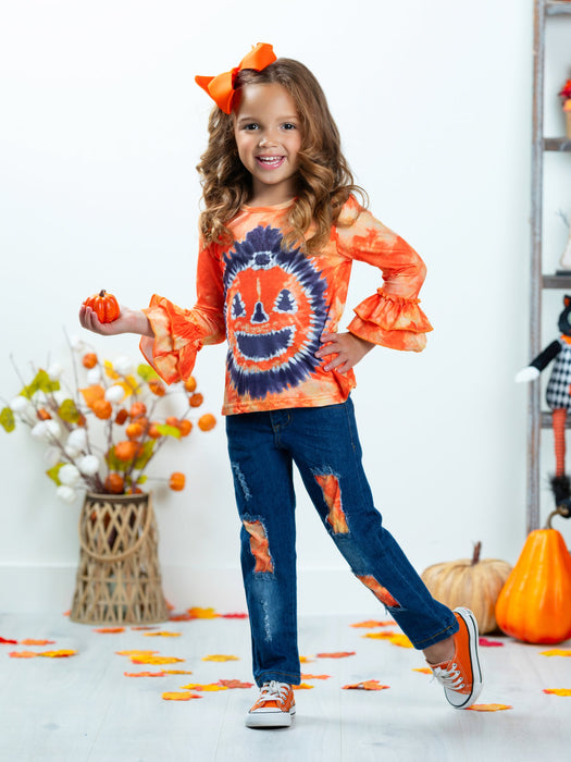 Mia Belle Girls Pumpkin Pigment Ruffled Sleeve Top and Patched Jeans Set