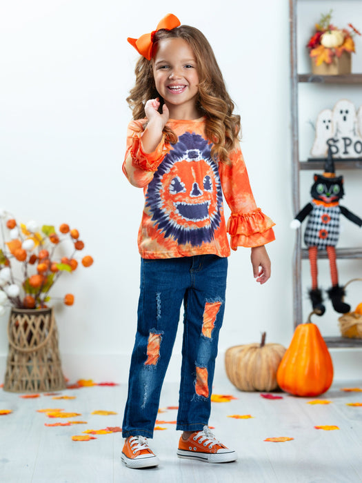 Mia Belle Girls Pumpkin Pigment Ruffled Sleeve Top and Patched Jeans Set