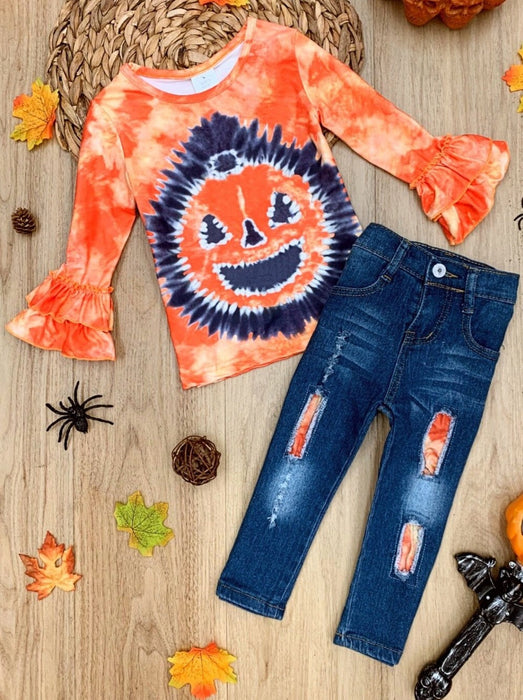 Mia Belle Girls Pumpkin Pigment Ruffled Sleeve Top and Patched Jeans Set