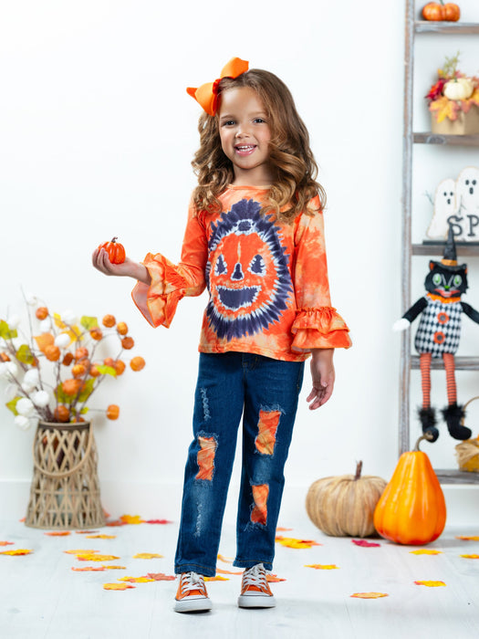 Mia Belle Girls Pumpkin Pigment Ruffled Sleeve Top and Patched Jeans Set