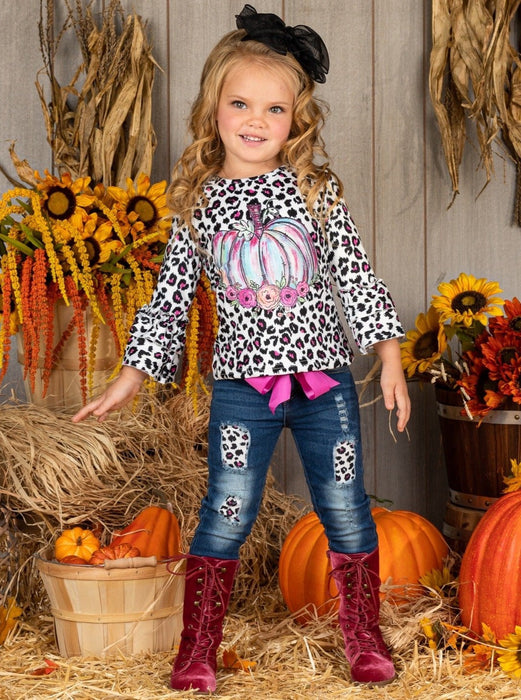 Mia Belle Girls Pastel Pumpkin Leopard Patched Jeans Set