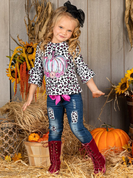 Mia Belle Girls Pastel Pumpkin Leopard Patched Jeans Set