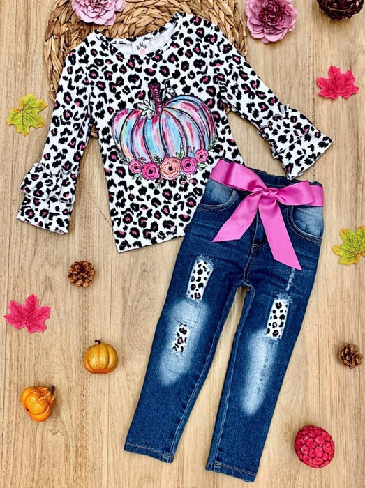 Mia Belle Girls Pastel Pumpkin Leopard Patched Jeans Set