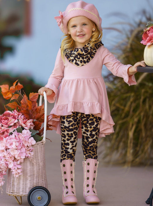 Mia Belle Girls Pretty Pink Tunic, Leopard Legging And Scarf Set