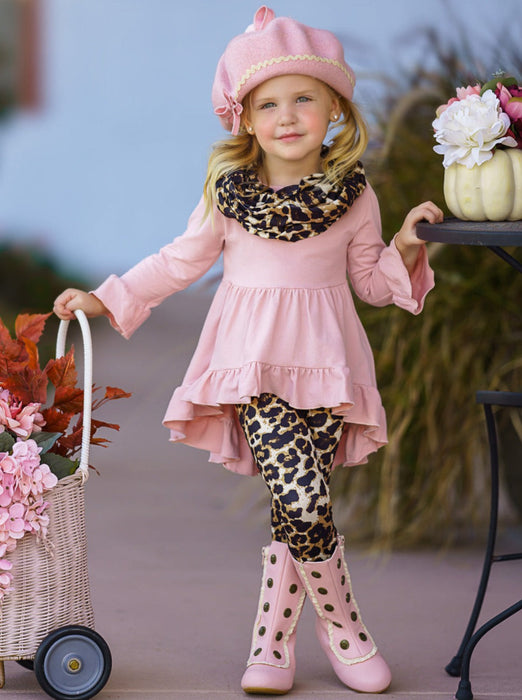 Mia Belle Girls Pretty Pink Tunic, Leopard Legging And Scarf Set