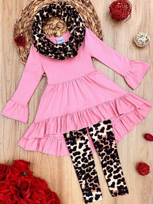 Mia Belle Girls Pretty Pink Tunic, Leopard Legging And Scarf Set