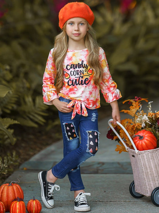 Mia Belle Girls Candy Corn Cutie Top and Patched Jeans Set