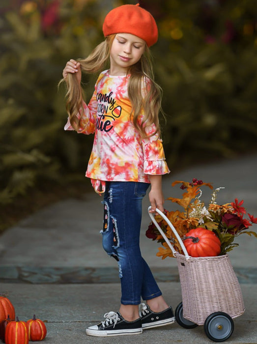 Mia Belle Girls Candy Corn Cutie Top and Patched Jeans Set