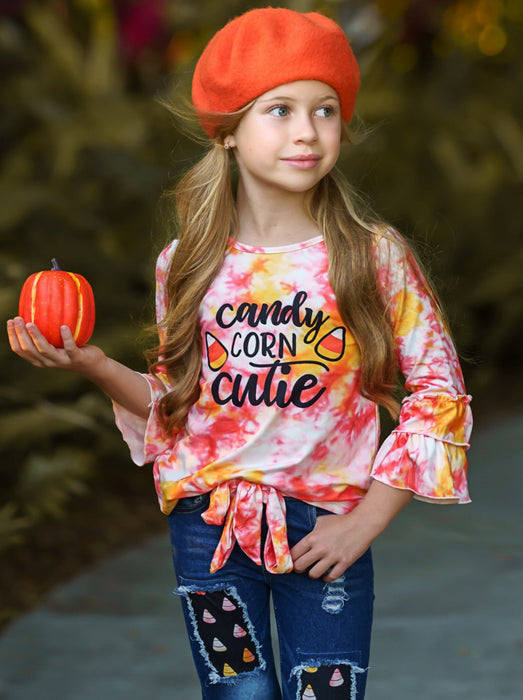 Mia Belle Girls Candy Corn Cutie Top and Patched Jeans Set