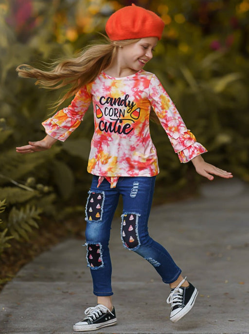 Mia Belle Girls Candy Corn Cutie Top and Patched Jeans Set