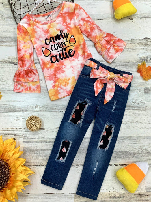 Mia Belle Girls Candy Corn Cutie Top and Patched Jeans Set