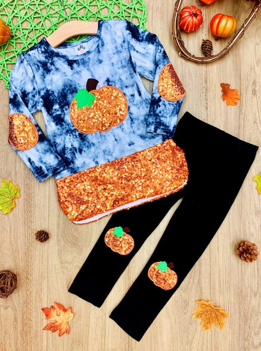 Mia Belle Girls Sparkle Pumpkin Party Tunic and Patched Legging Set