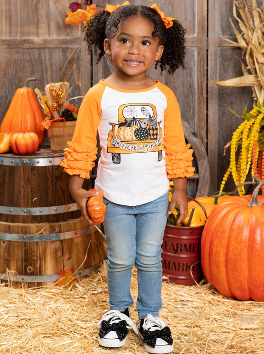 Mia Belle Girls Pumpkin Pick-Up Ruffle Cuff Raglan Top