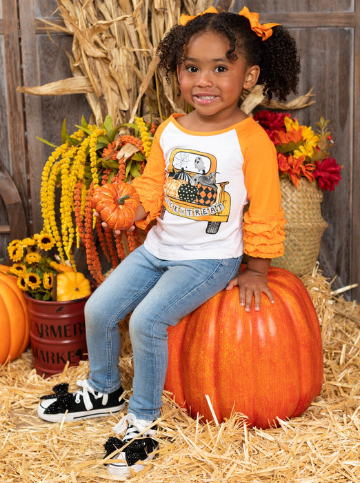 Mia Belle Girls Pumpkin Pick-Up Ruffle Cuff Raglan Top