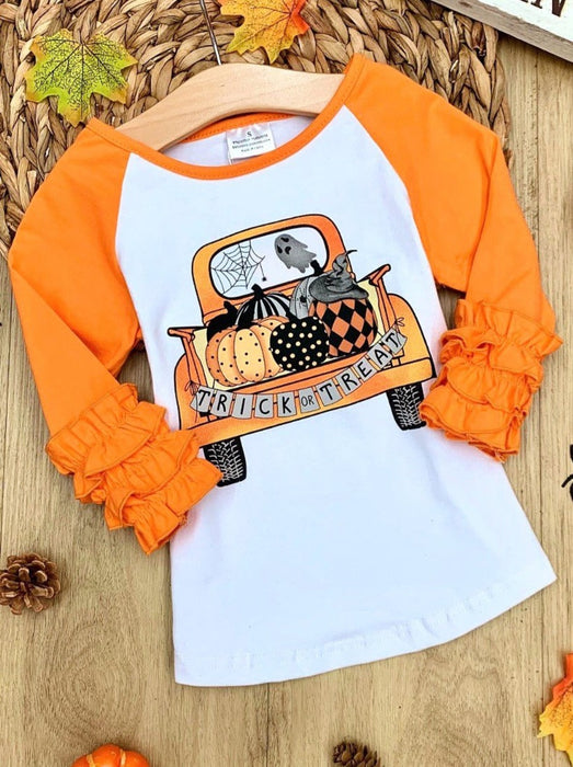 Mia Belle Girls Pumpkin Pick-Up Ruffle Cuff Raglan Top