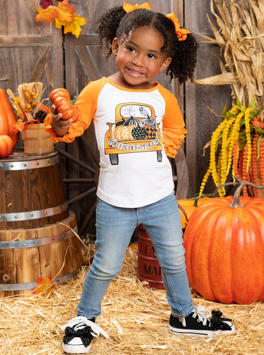 Mia Belle Girls Pumpkin Pick-Up Ruffle Cuff Raglan Top