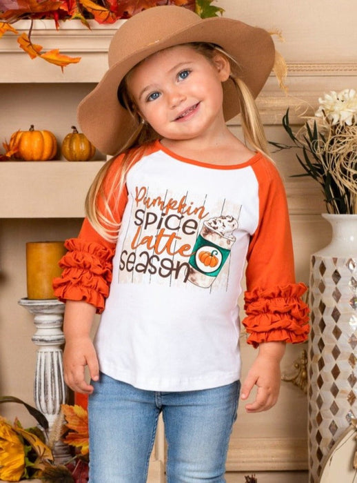 Mia Belle Girls Pumpkin Spice Latte Season Raglan Ruffled Sleeve Top