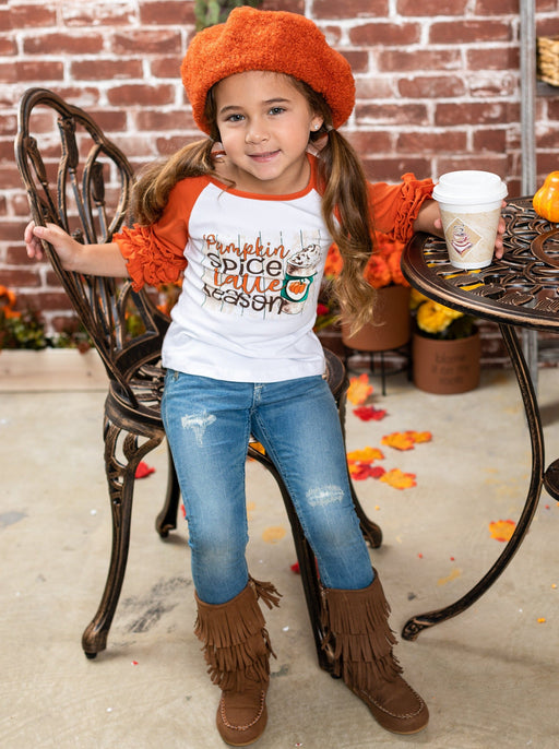 Mia Belle Girls Pumpkin Spice Latte Season Raglan Ruffled Sleeve Top