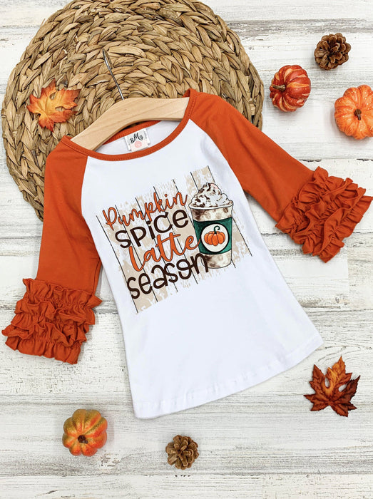 Mia Belle Girls Pumpkin Spice Latte Season Raglan Ruffled Sleeve Top
