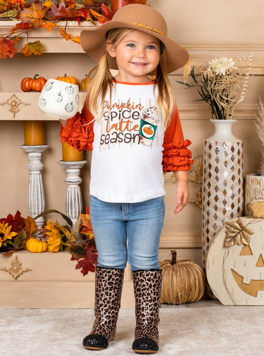 Mia Belle Girls Pumpkin Spice Latte Season Raglan Ruffled Sleeve Top