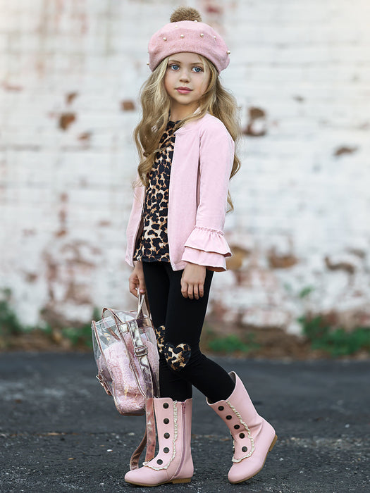 Mia Belle Girls Making Boss Moves Leopard Top, Leggings and Jacket Set