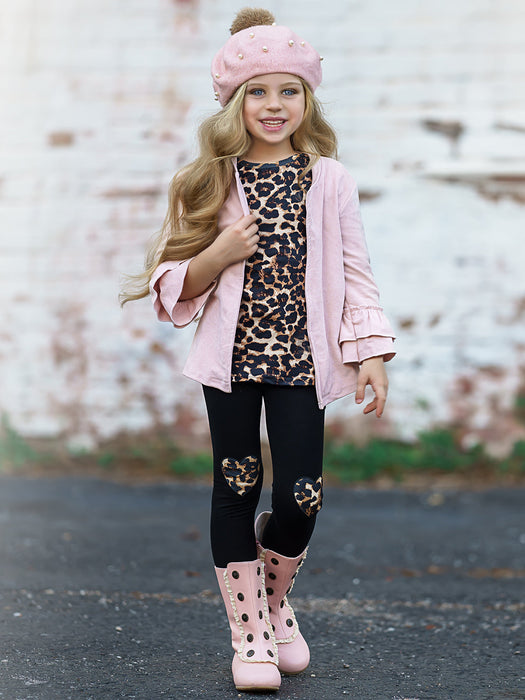 Mia Belle Girls Making Boss Moves Leopard Top, Leggings and Jacket Set