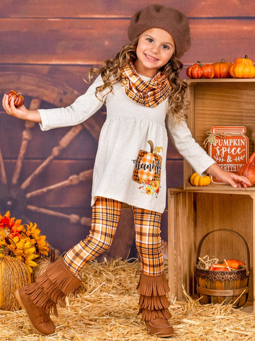 Mia Belle Girls Thankful Pumpkin Tunic, Plaid Leggings And Scarf Set