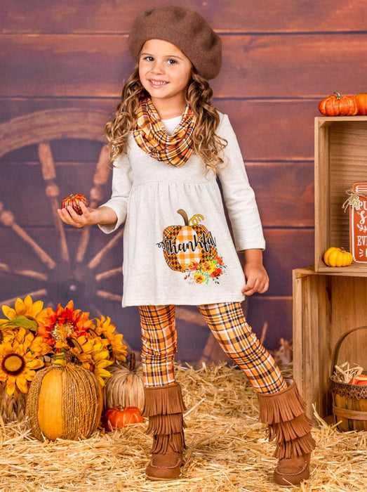 Mia Belle Girls Thankful Pumpkin Tunic, Plaid Leggings And Scarf Set