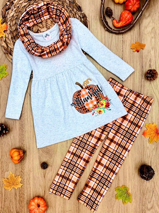 Mia Belle Girls Thankful Pumpkin Tunic, Plaid Leggings And Scarf Set